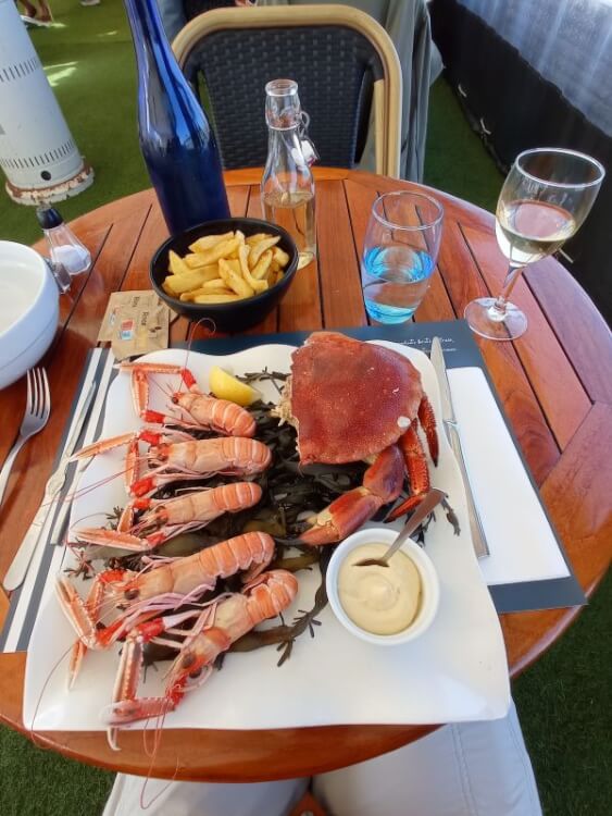 Hauptgericht aus Langustinos, Krabbe, Mayo-Dip und Pommes frites